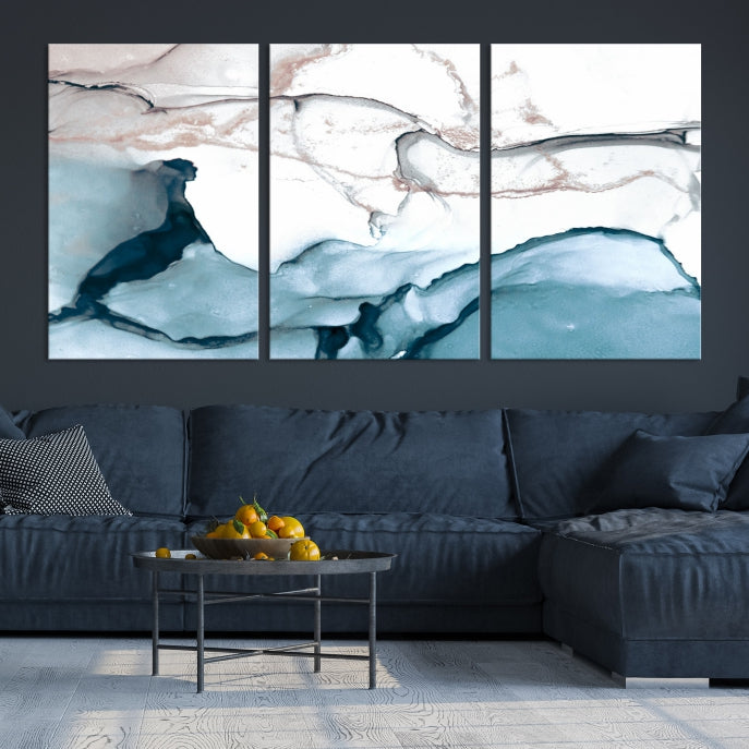 Ice Cracking Blue and Rose Gold Abstract Wall Art Large Modern Canvas Print