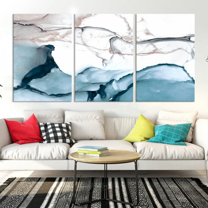 Ice Cracking Blue and Rose Gold Abstract Wall Art Large Modern Canvas Print