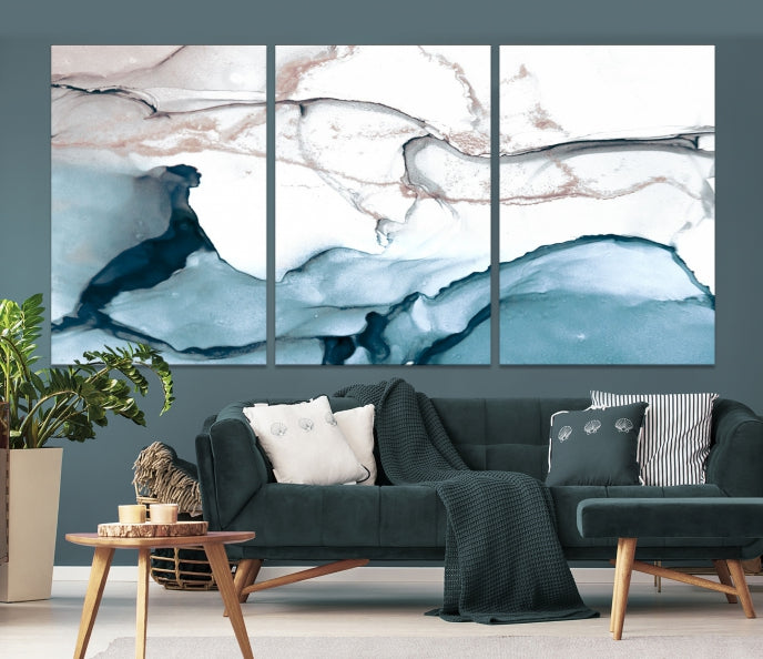 Ice Cracking Blue and Rose Gold Abstract Wall Art Large Modern Canvas Print