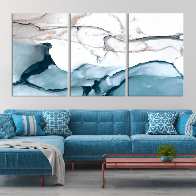 Ice Cracking Blue and Rose Gold Abstract Wall Art Large Modern Canvas Print