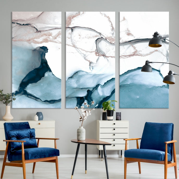 Ice Cracking Blue and Rose Gold Abstract Wall Art Large Modern Canvas Print