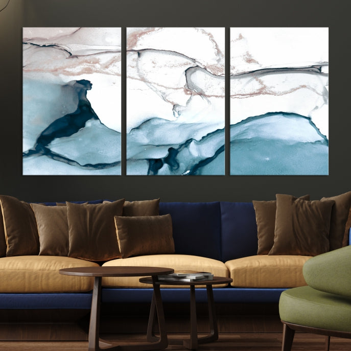 Ice Cracking Blue and Rose Gold Abstract Wall Art Large Modern Canvas Print