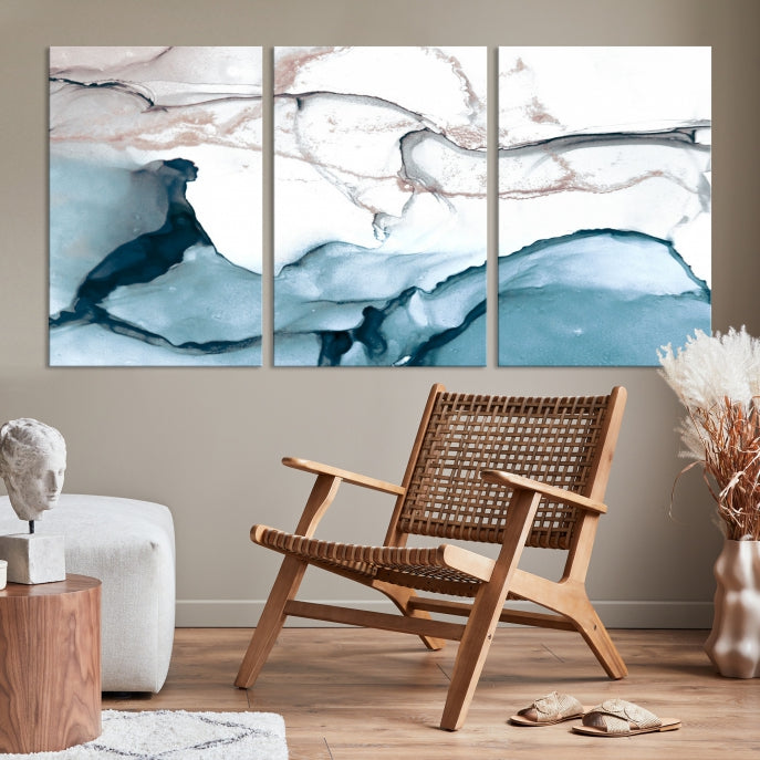 Ice Cracking Blue and Rose Gold Abstract Wall Art Large Modern Canvas Print