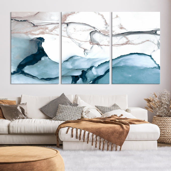 Ice Cracking Blue and Rose Gold Abstract Wall Art Large Modern Canvas Print