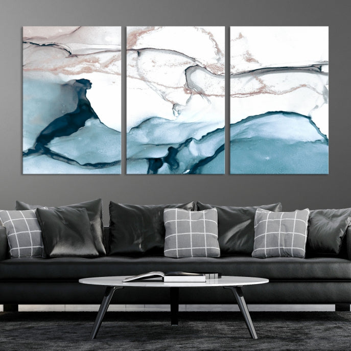 Ice Cracking Blue and Rose Gold Abstract Wall Art Large Modern Canvas Print