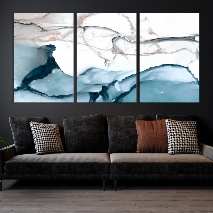 Ice Cracking Blue and Rose Gold Abstract Wall Art Large Modern Canvas Print