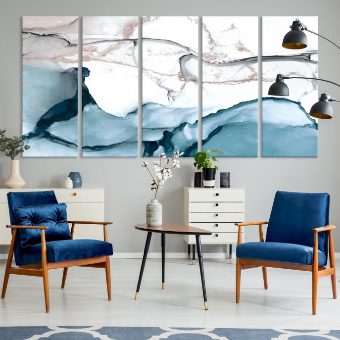 Ice Cracking Blue and Rose Gold Abstract Wall Art Large Modern Canvas Print