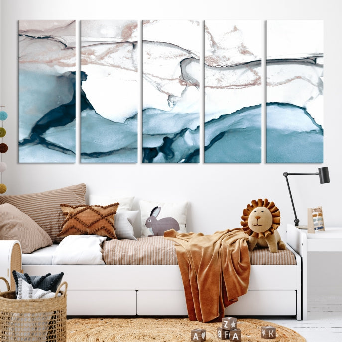 Ice Cracking Blue and Rose Gold Abstract Wall Art Large Modern Canvas Print