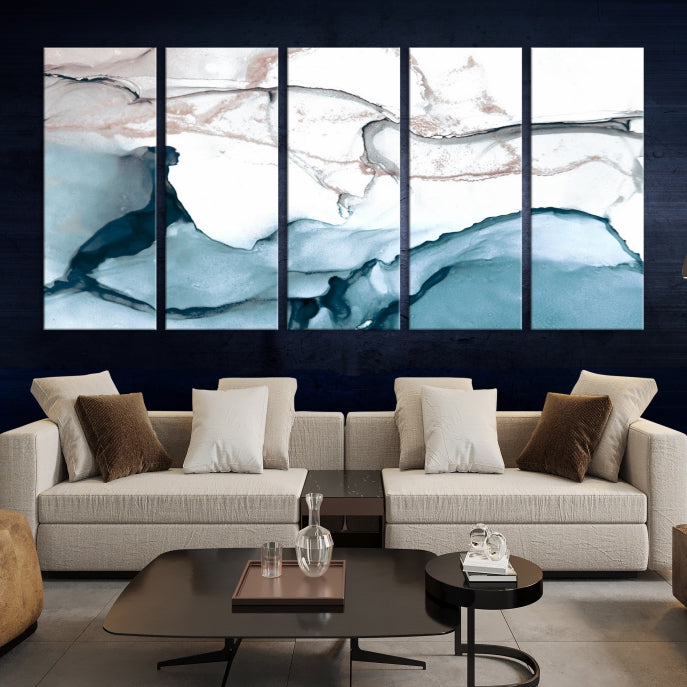 Ice Cracking Blue and Rose Gold Abstract Wall Art Large Modern Canvas Print