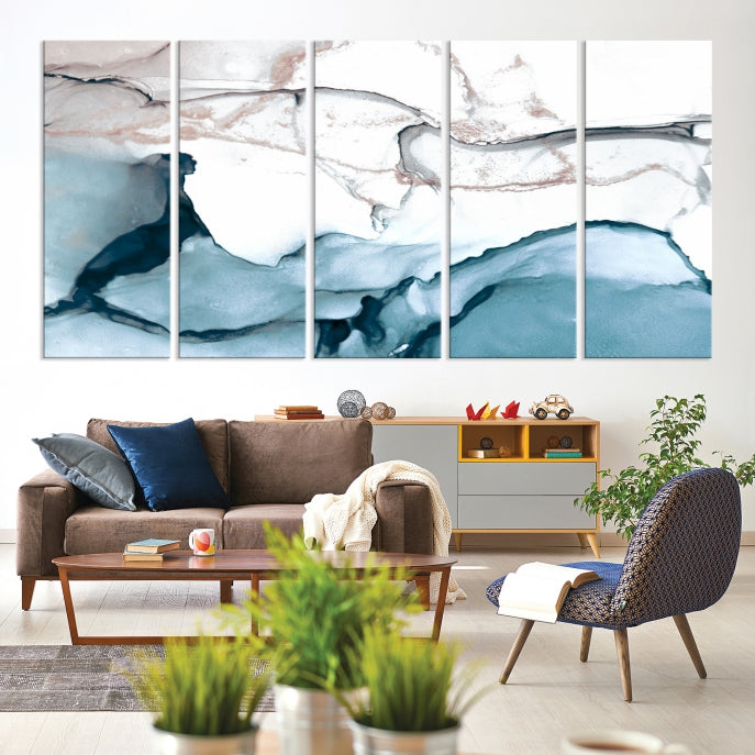 Ice Cracking Blue and Rose Gold Abstract Wall Art Large Modern Canvas Print