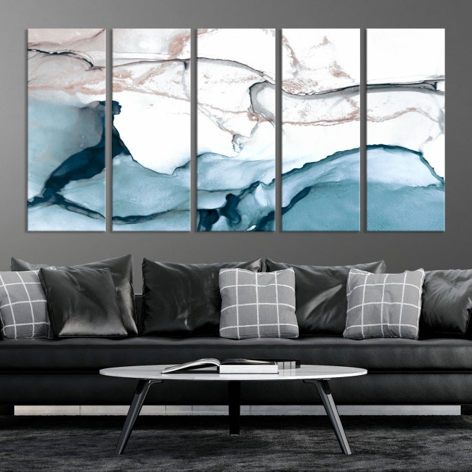 Ice Cracking Blue and Rose Gold Abstract Wall Art Large Modern Canvas Print