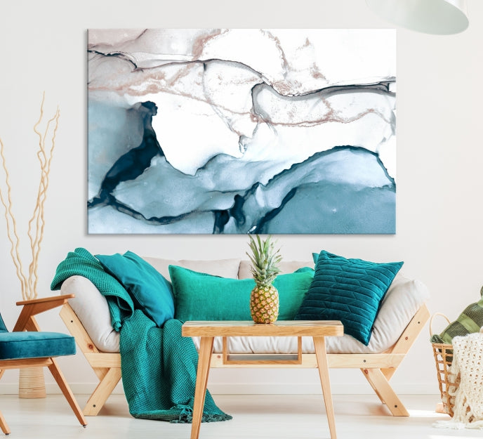 Ice Cracking Blue and Rose Gold Abstract Wall Art Large Modern Canvas Print