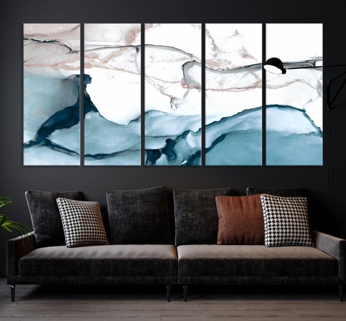 Ice Cracking Blue and Rose Gold Abstract Wall Art Large Modern Canvas Print