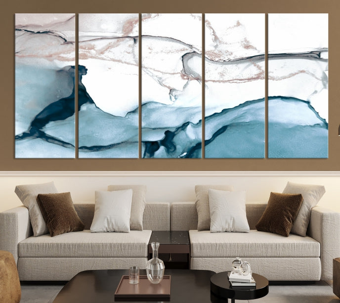 Ice Cracking Blue and Rose Gold Abstract Wall Art Large Modern Canvas Print