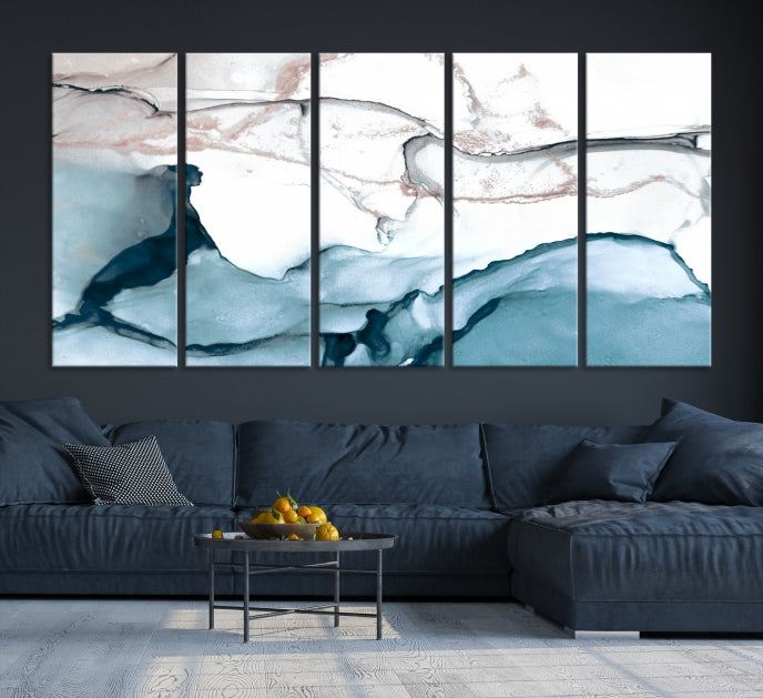 Ice Cracking Blue and Rose Gold Abstract Wall Art Large Modern Canvas Print