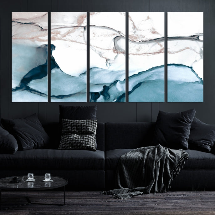 Ice Cracking Blue and Rose Gold Abstract Wall Art Large Modern Canvas Print