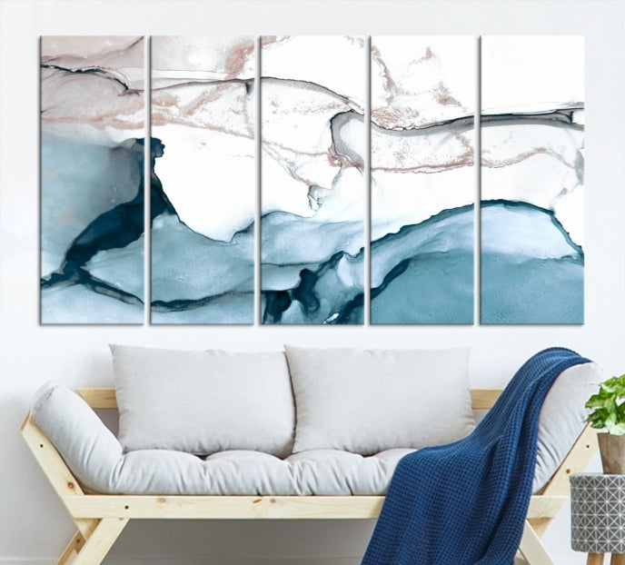 Ice Cracking Blue and Rose Gold Abstract Wall Art Large Modern Canvas Print