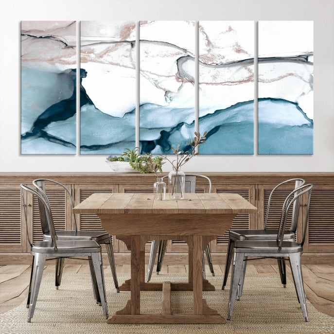 Ice Cracking Blue and Rose Gold Abstract Wall Art Large Modern Canvas Print