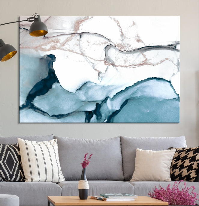 Ice Cracking Blue and Rose Gold Abstract Wall Art Large Modern Canvas Print