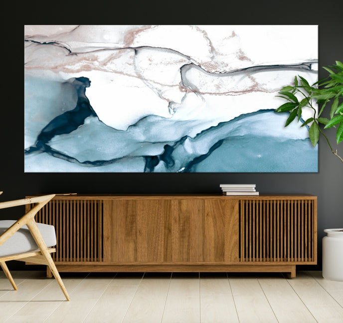 Ice Cracking Blue and Rose Gold Abstract Wall Art Large Modern Canvas Print