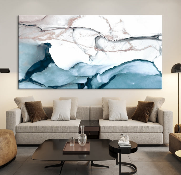 Ice Cracking Blue and Rose Gold Abstract Wall Art Large Modern Canvas Print