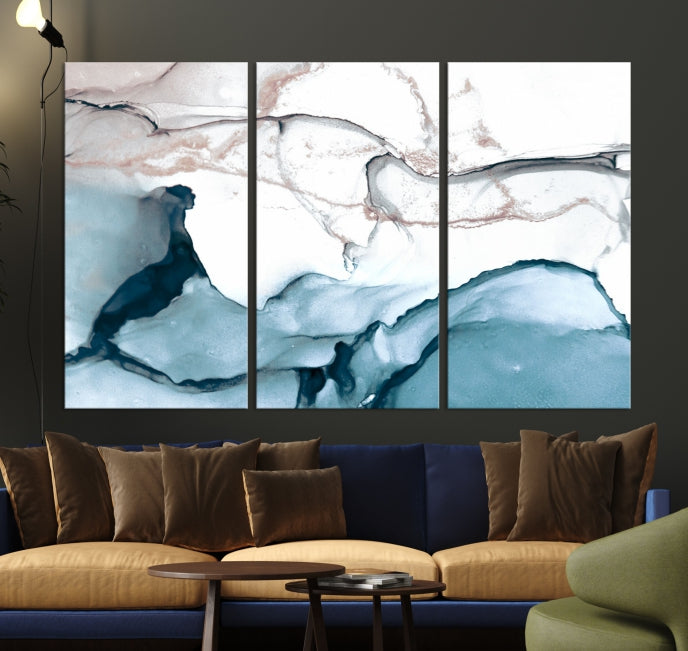 Ice Cracking Blue and Rose Gold Abstract Wall Art Large Modern Canvas Print