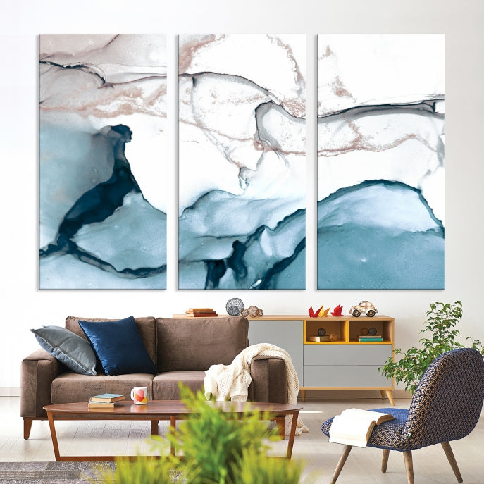 Ice Cracking Blue and Rose Gold Abstract Wall Art Large Modern Canvas Print