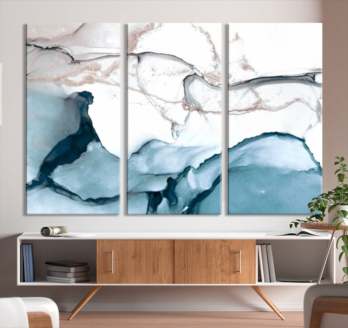 Ice Cracking Blue and Rose Gold Abstract Wall Art Large Modern Canvas Print