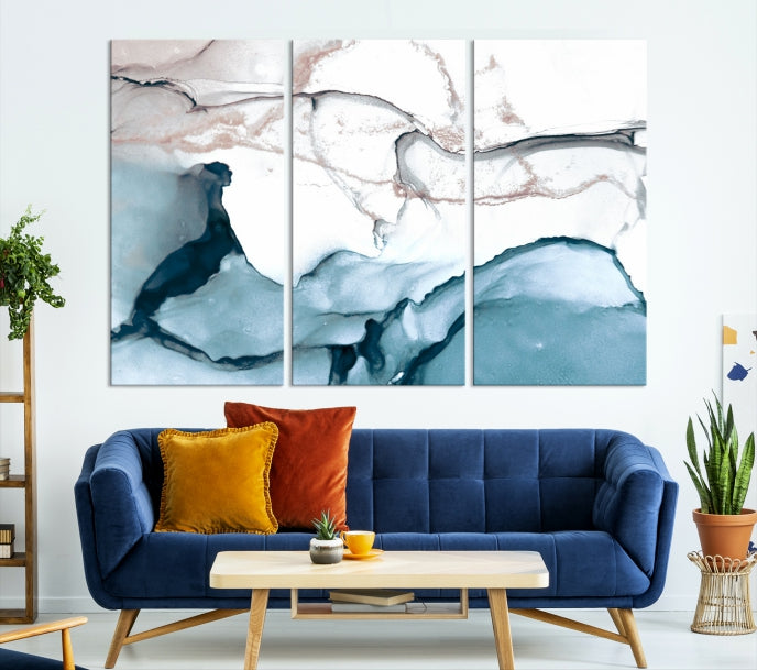 Ice Cracking Blue and Rose Gold Abstract Wall Art Large Modern Canvas Print