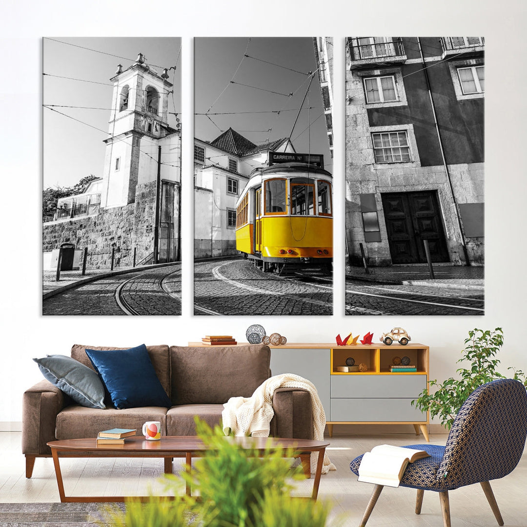 Iconic Yellow Lisbon Tram Canvas Wall Art Black and White Modern Home Decor High Quality Tram Trolley Canvas Art