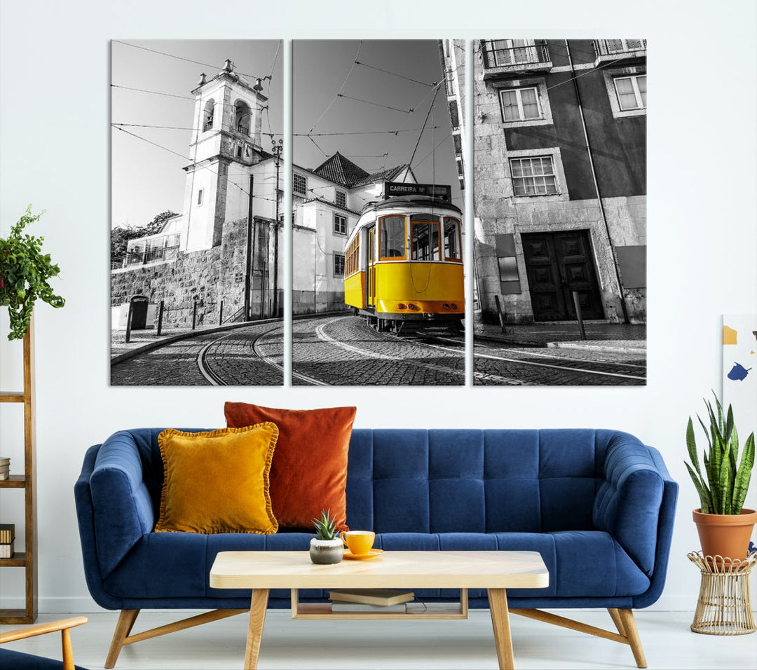 Iconic Yellow Lisbon Tram Canvas Wall Art Black and White Modern Home Decor High Quality Tram Trolley Canvas Art