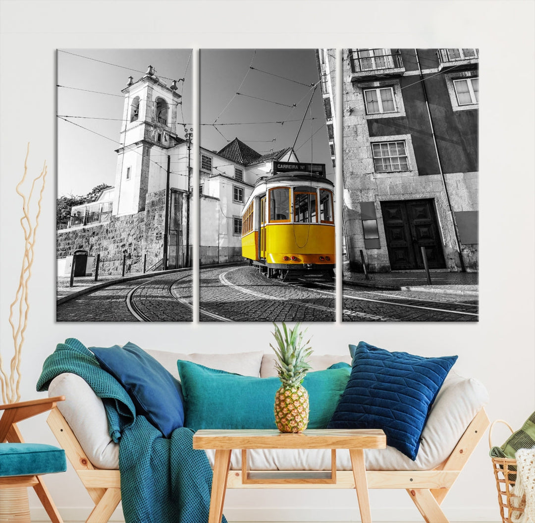 Iconic Yellow Lisbon Tram Canvas Wall Art Black and White Modern Home Decor High Quality Tram Trolley Canvas Art