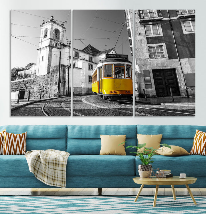 Iconic Yellow Lisbon Tram Canvas Wall Art Black and White Modern Home Decor High Quality Tram Trolley Canvas Art