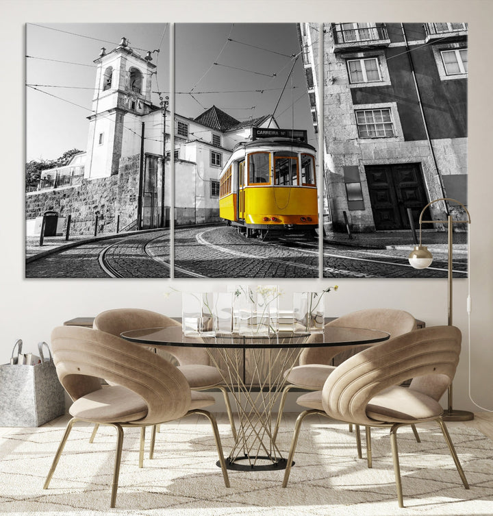 Iconic Yellow Lisbon Tram Canvas Wall Art Black and White Modern Home Decor High Quality Tram Trolley Canvas Art