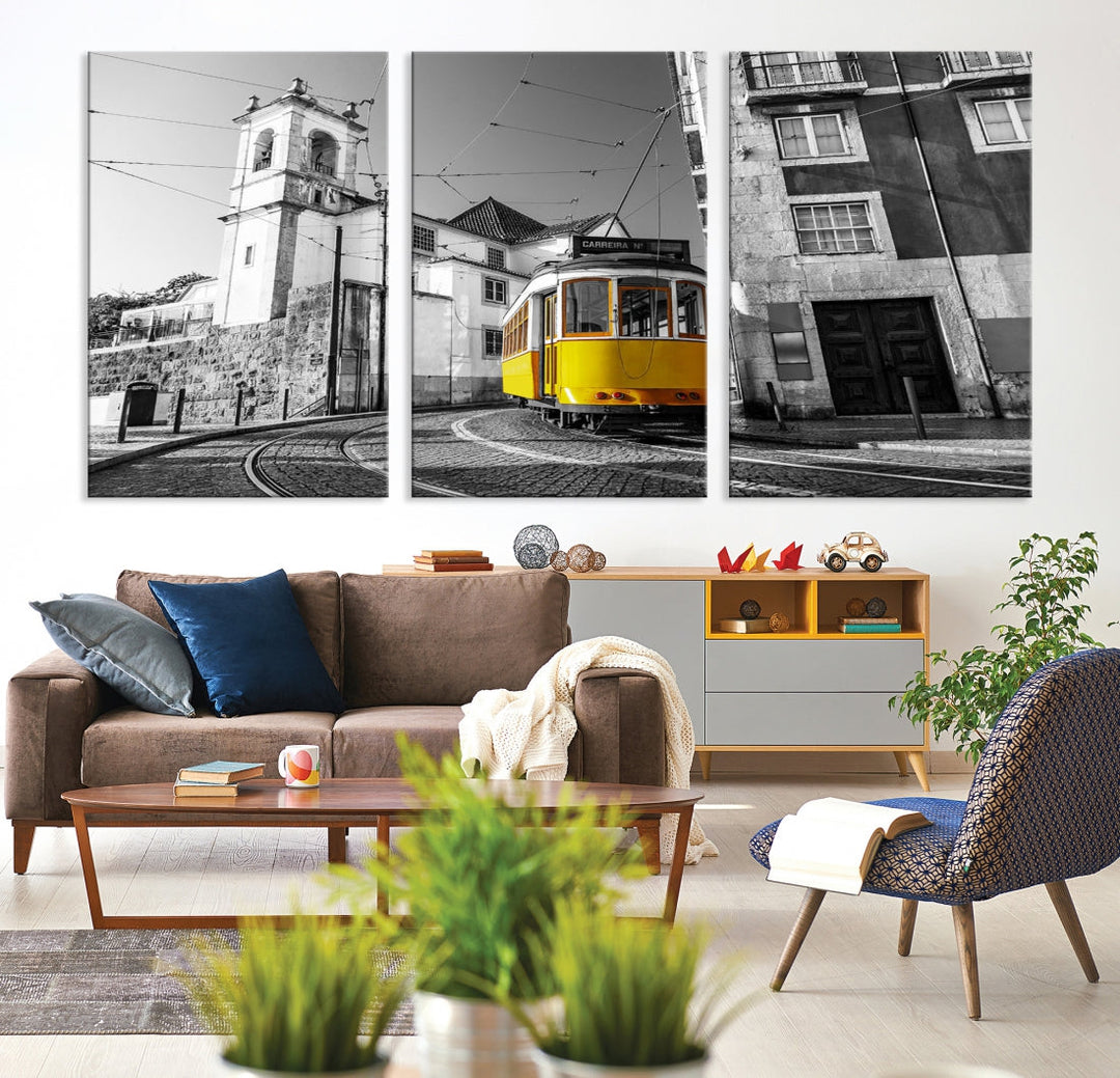 Iconic Yellow Lisbon Tram Canvas Wall Art Black and White Modern Home Decor High Quality Tram Trolley Canvas Art