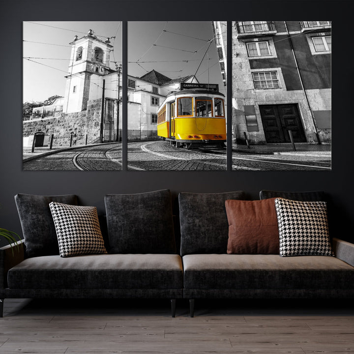 Iconic Yellow Lisbon Tram Canvas Wall Art Black and White Modern Home Decor High Quality Tram Trolley Canvas Art