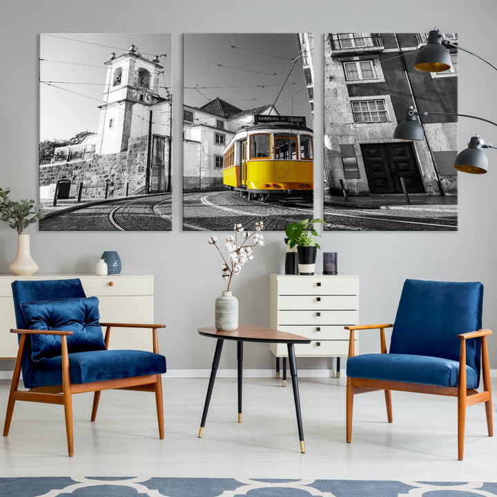 Iconic Yellow Lisbon Tram Canvas Wall Art Black and White Modern Home Decor High Quality Tram Trolley Canvas Art