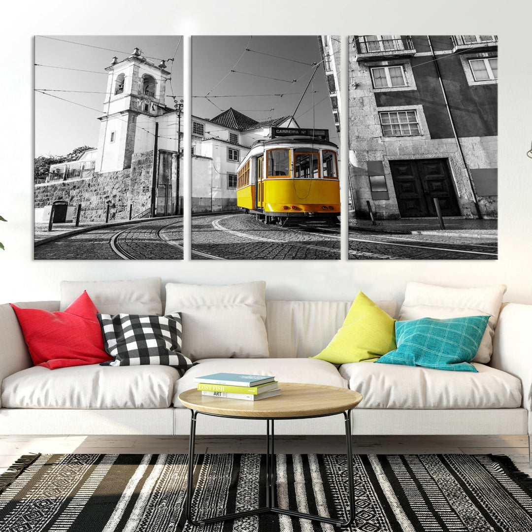 Iconic Yellow Lisbon Tram Canvas Wall Art Black and White Modern Home Decor High Quality Tram Trolley Canvas Art