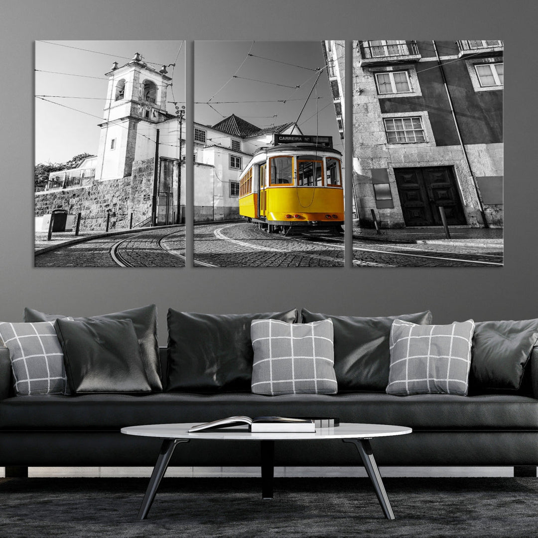 Iconic Yellow Lisbon Tram Canvas Wall Art Black and White Modern Home Decor High Quality Tram Trolley Canvas Art