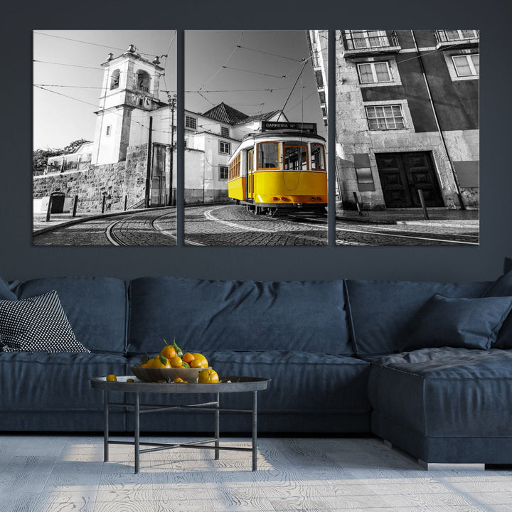 Iconic Yellow Lisbon Tram Canvas Wall Art Black and White Modern Home Decor High Quality Tram Trolley Canvas Art