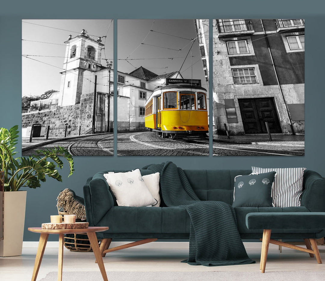 Iconic Yellow Lisbon Tram Canvas Wall Art Black and White Modern Home Decor High Quality Tram Trolley Canvas Art