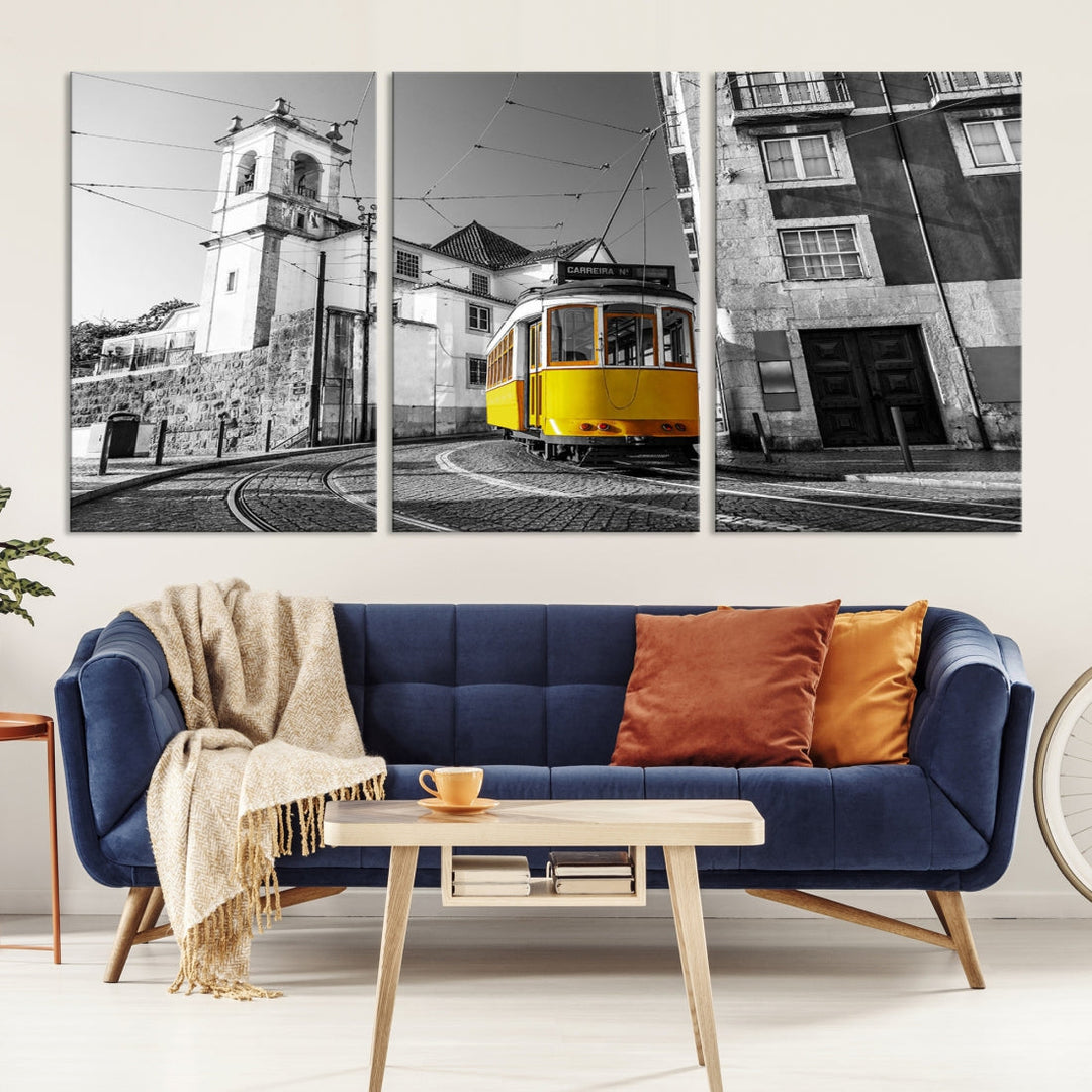 Iconic Yellow Lisbon Tram Canvas Wall Art Black and White Modern Home Decor High Quality Tram Trolley Canvas Art