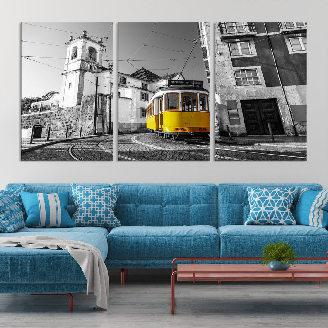 Iconic Yellow Lisbon Tram Canvas Wall Art Black and White Modern Home Decor High Quality Tram Trolley Canvas Art