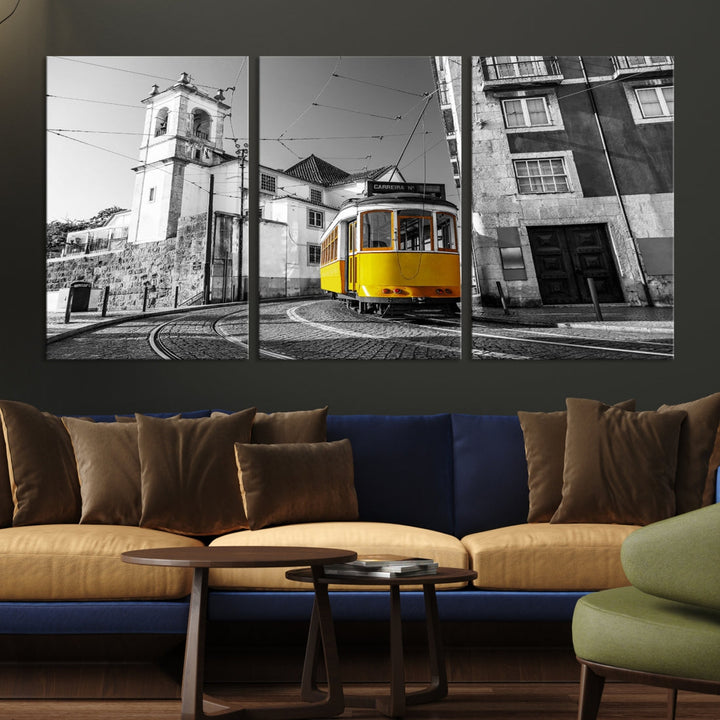 Iconic Yellow Lisbon Tram Canvas Wall Art Black and White Modern Home Decor High Quality Tram Trolley Canvas Art