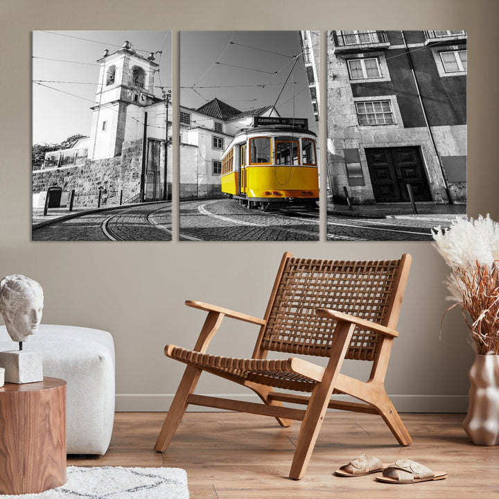 Iconic Yellow Lisbon Tram Canvas Wall Art Black and White Modern Home Decor High Quality Tram Trolley Canvas Art