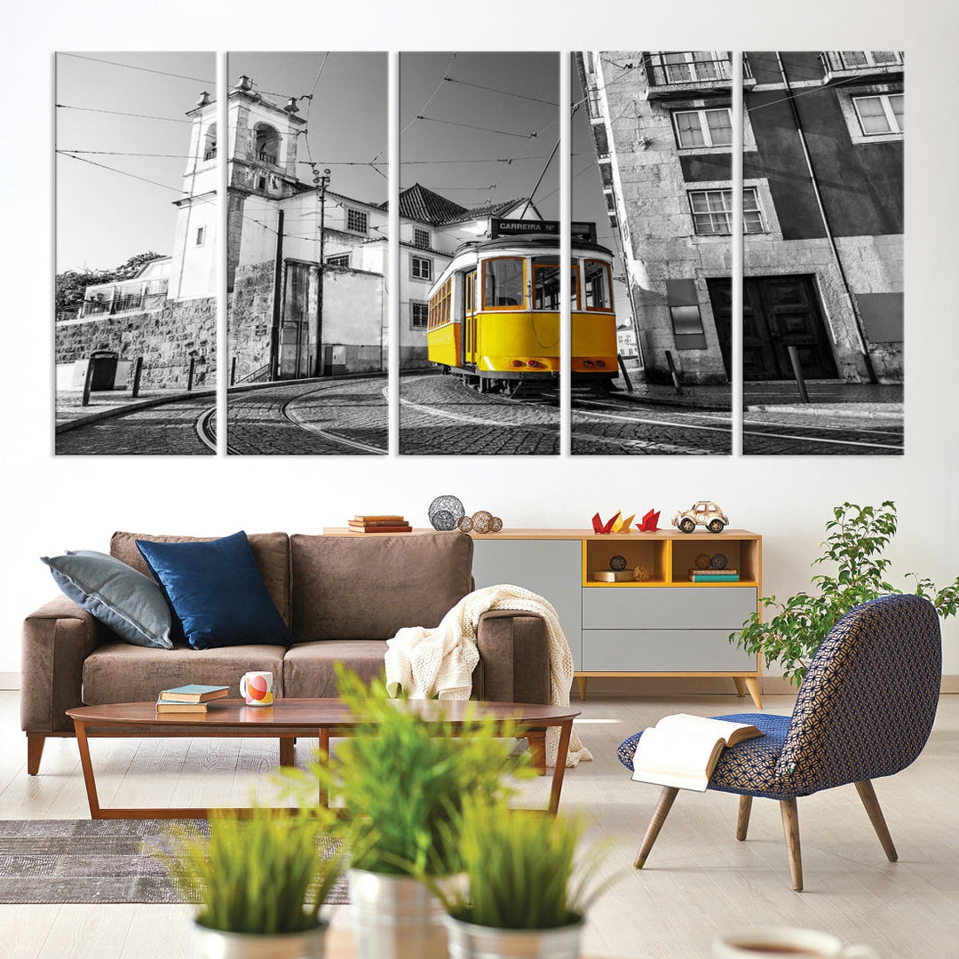 Iconic Yellow Lisbon Tram Canvas Wall Art Black and White Modern Home Decor High Quality Tram Trolley Canvas Art