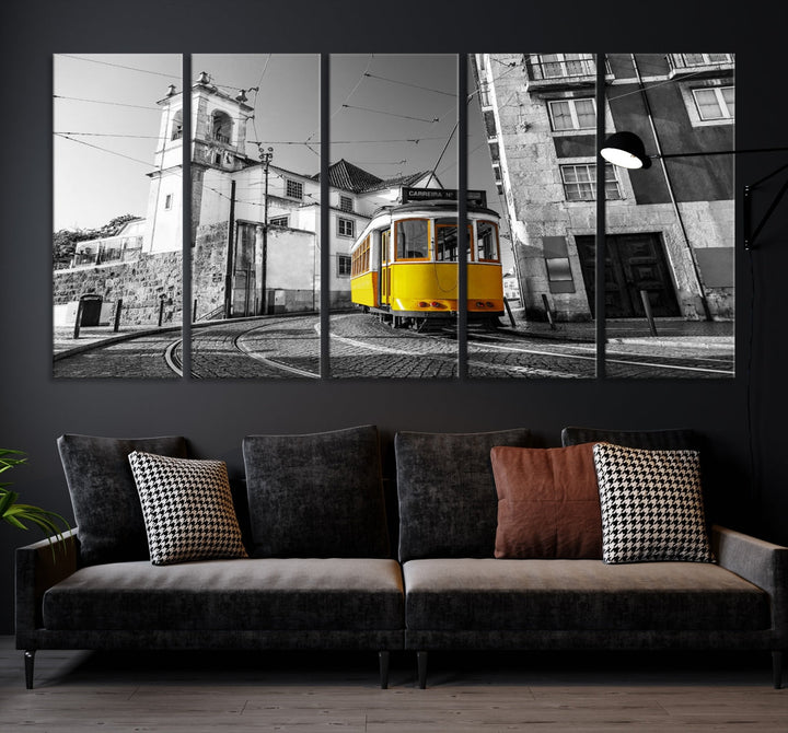 Iconic Yellow Lisbon Tram Canvas Wall Art Black and White Modern Home Decor High Quality Tram Trolley Canvas Art