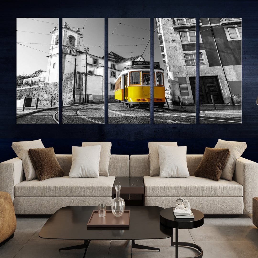 Iconic Yellow Lisbon Tram Canvas Wall Art Black and White Modern Home Decor High Quality Tram Trolley Canvas Art