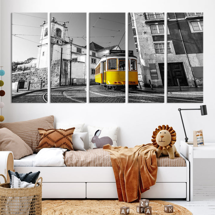 Iconic Yellow Lisbon Tram Canvas Wall Art Black and White Modern Home Decor High Quality Tram Trolley Canvas Art