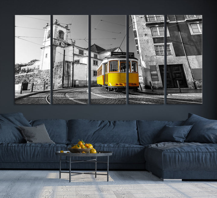 Iconic Yellow Lisbon Tram Canvas Wall Art Black and White Modern Home Decor High Quality Tram Trolley Canvas Art